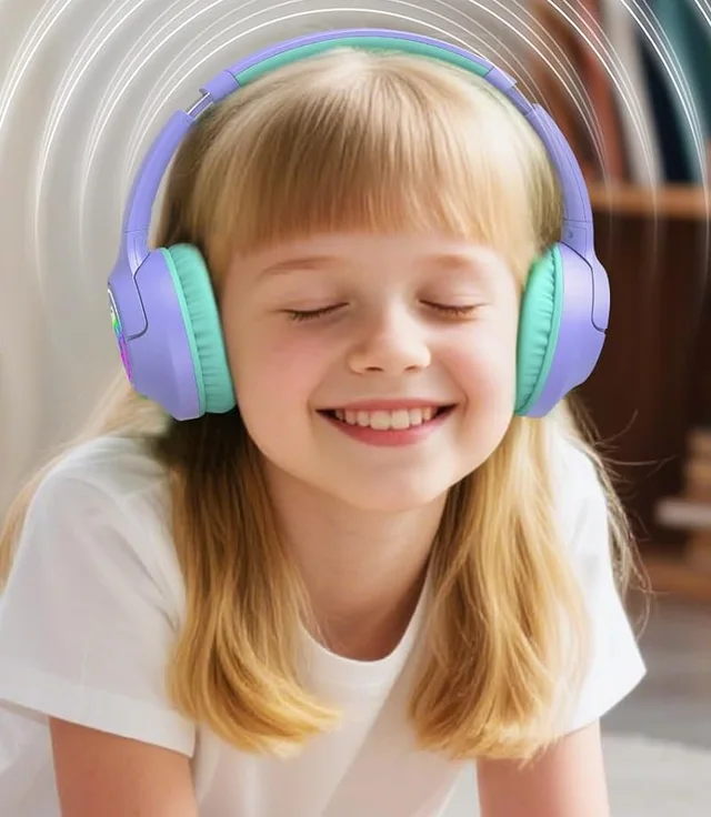 Girl wearing purple Botesty Sound kids Bluetooth headphones
